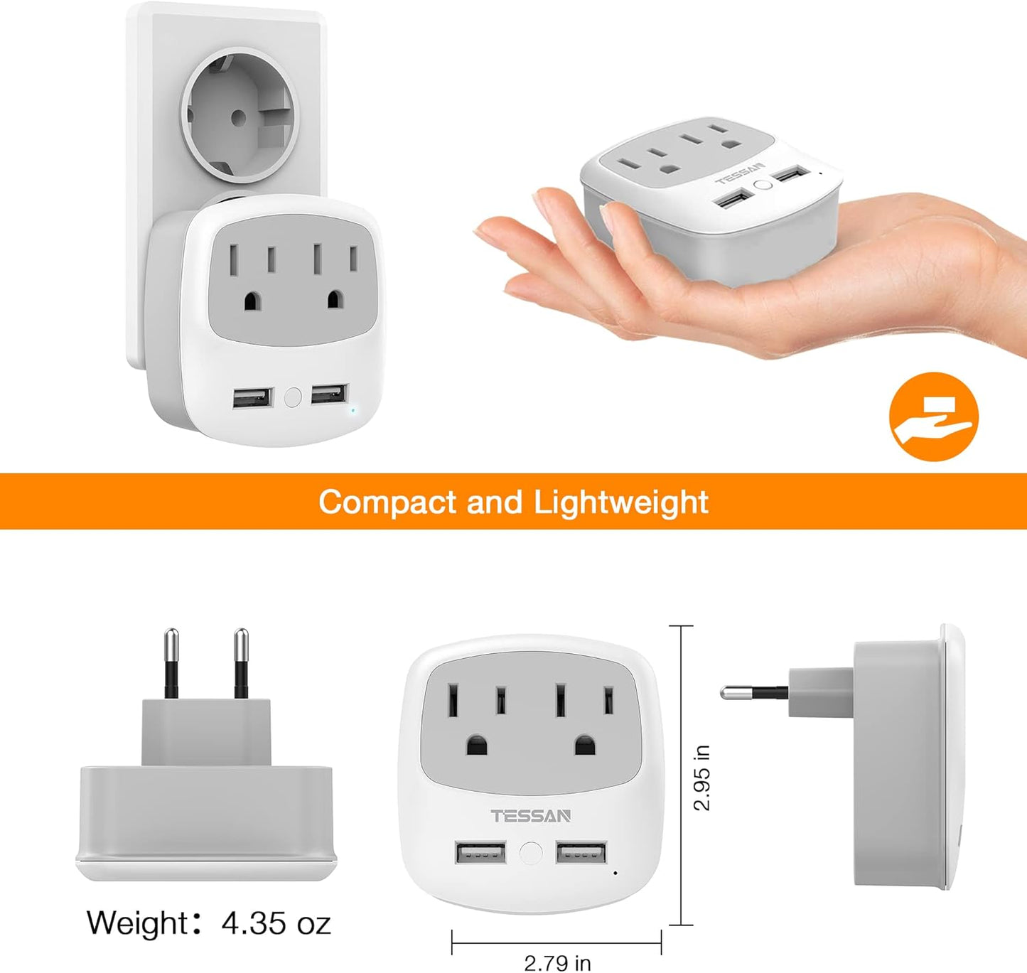 European Travel Plug Adapter Converter,  International Power Plug Converter with 2 USB, Type C Outlet Adaptor Charger for US to Most of Europe EU Iceland Spain Italy France Germany