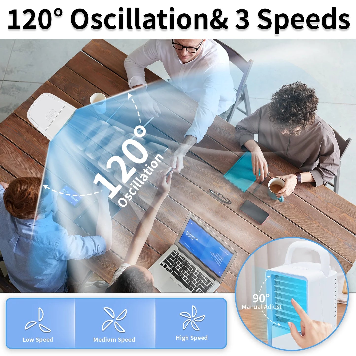 Portable Air Conditioner Fan Desk Fan with 700Ml Water Tank Rechargable 3 Speeds 7 Colors Light 120?Oscillation Small Desktop Personal Cooling Fan for Room Office Car Camping