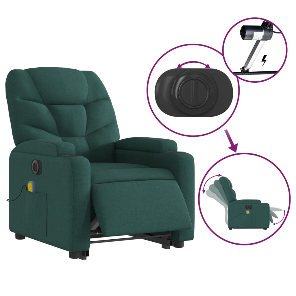 vidaXL Electric Stand up Massage Recliner Chair Dark Green Fabric.