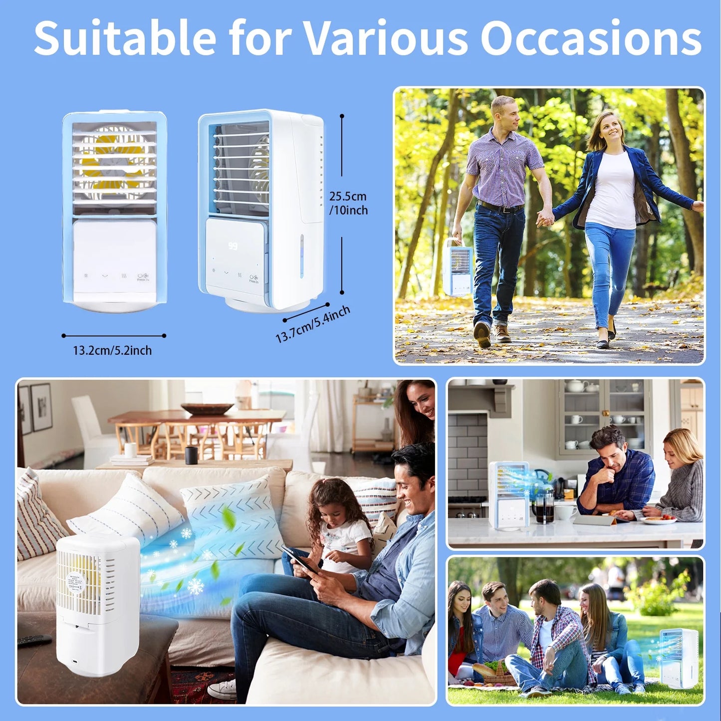 Portable Air Conditioner Fan Desk Fan with 700Ml Water Tank Rechargable 3 Speeds 7 Colors Light 120?Oscillation Small Desktop Personal Cooling Fan for Room Office Car Camping