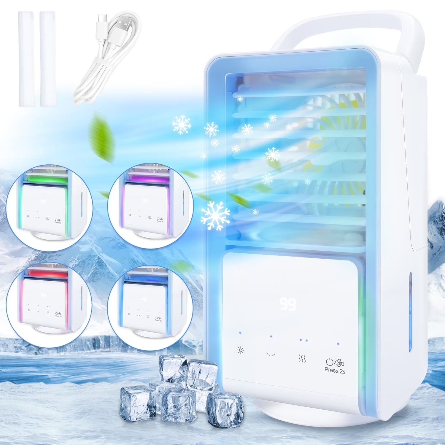 Portable Air Conditioner Fan Desk Fan with 700Ml Water Tank Rechargable 3 Speeds 7 Colors Light 120?Oscillation Small Desktop Personal Cooling Fan for Room Office Car Camping