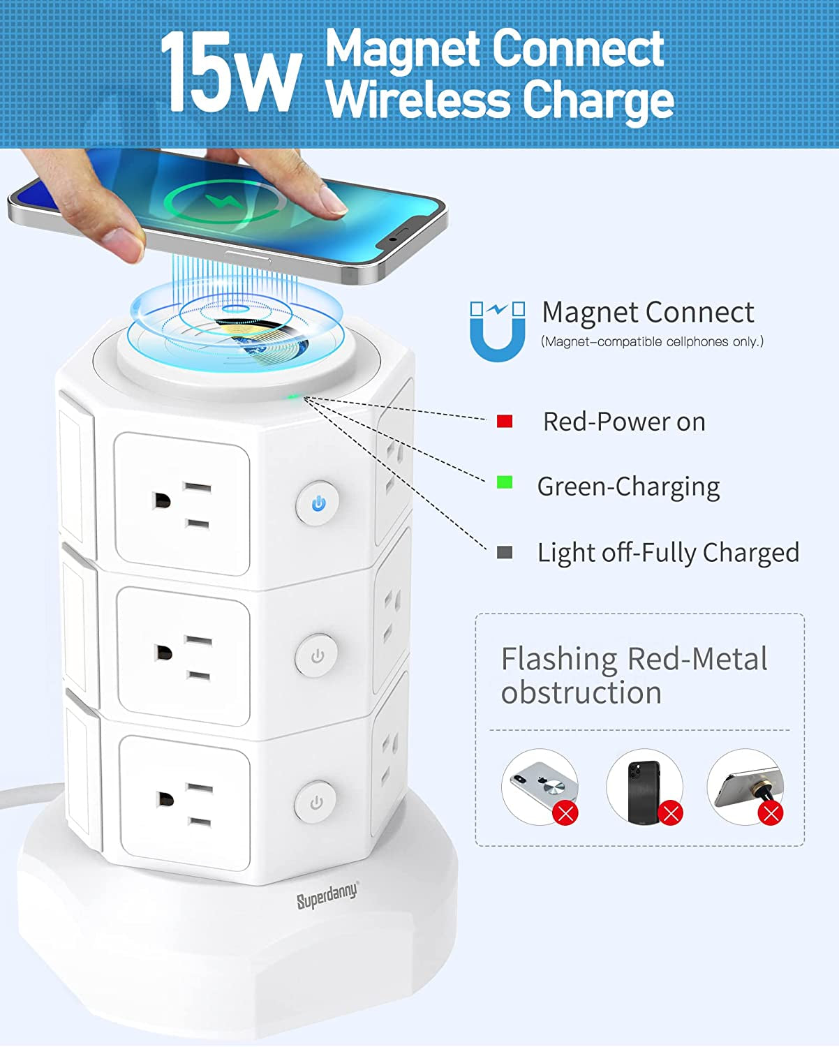 Surge Protector Power Strip Tower with 15W Magnetic Wireless Charger, 1050J, 13A Charging Station Featuring 12 AC Outlets and 6 USB Ports, 6.5Ft Extension Cord for Home and Office Use, White