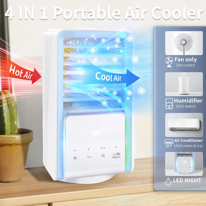 Portable Air Conditioner Fan Desk Fan with 700Ml Water Tank Rechargable 3 Speeds 7 Colors Light 120?Oscillation Small Desktop Personal Cooling Fan for Room Office Car Camping