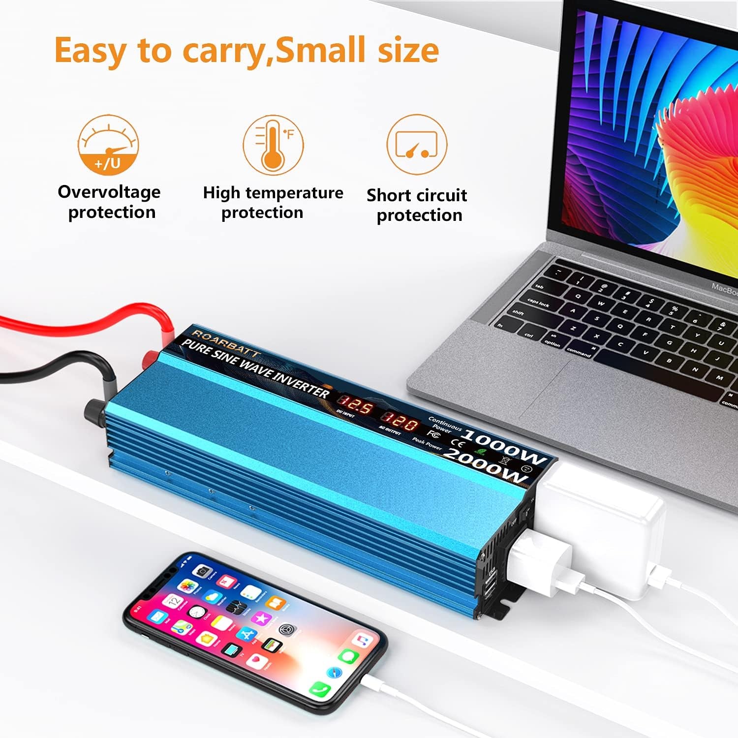 Power Inverters Pure Sine Wave 1000 Watt 12V DC to 110V/120V AC Converter 2 AC Outlets Car Inverter with 3.4A USB Port Cooling Fans and LCD Display