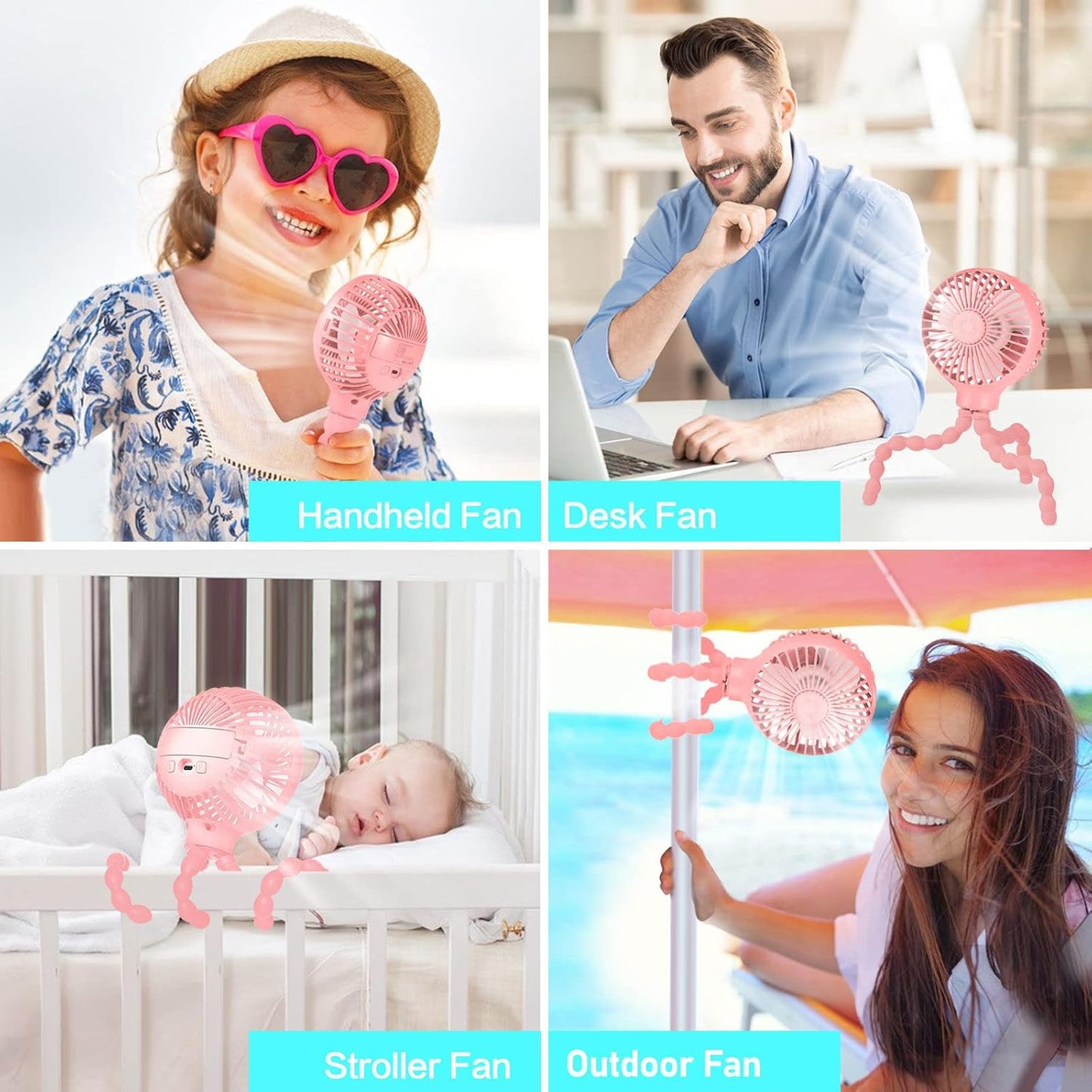 Upgraded Stroller Fan Mini Battery Operated Fan Small USB Rechargable Desk Fan Baby Portable Fan Flexible Tripod Clip on Fan with 3 Speeds Baby Personal Fan for Car Seat Crib Treadmill (Pink).