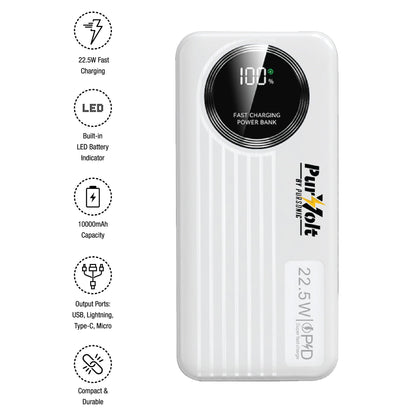 Pursonic 10,000mAh LED Fast Charging Power Bank – Built-in Cables, 22.5W Output, Type-C/USB/Lightning Compatibility.