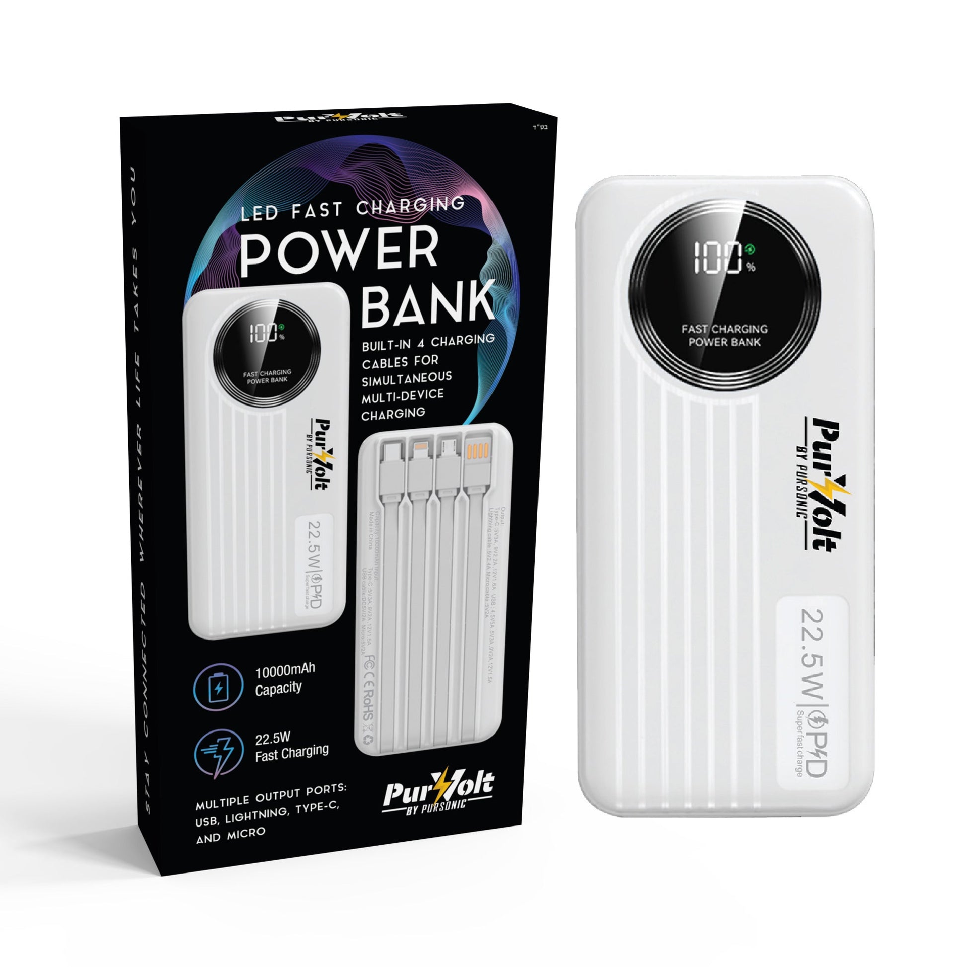 Pursonic 10,000mAh LED Fast Charging Power Bank – Built-in Cables, 22.5W Output, Type-C/USB/Lightning Compatibility.