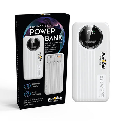 Pursonic 10,000mAh LED Fast Charging Power Bank – Built-in Cables, 22.5W Output, Type-C/USB/Lightning Compatibility.