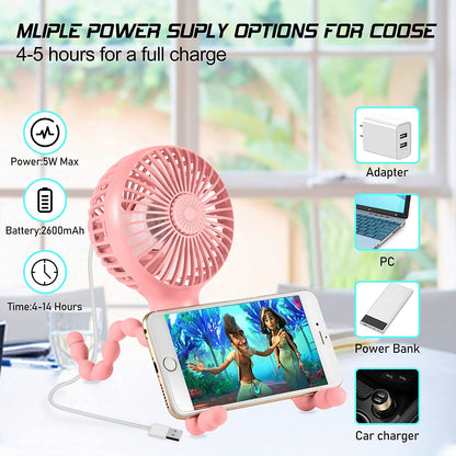 Upgraded Stroller Fan Mini Battery Operated Fan Small USB Rechargable Desk Fan Baby Portable Fan Flexible Tripod Clip on Fan with 3 Speeds Baby Personal Fan for Car Seat Crib Treadmill (Pink).