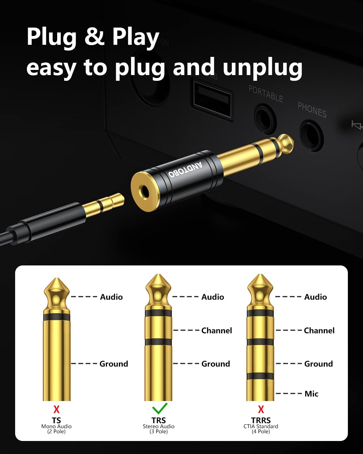 1/4 Inch Male to 3.5Mm Female Stereo Audio Jack Pure Copper Adapter for Headphone, Amp, 2 Pack-Black