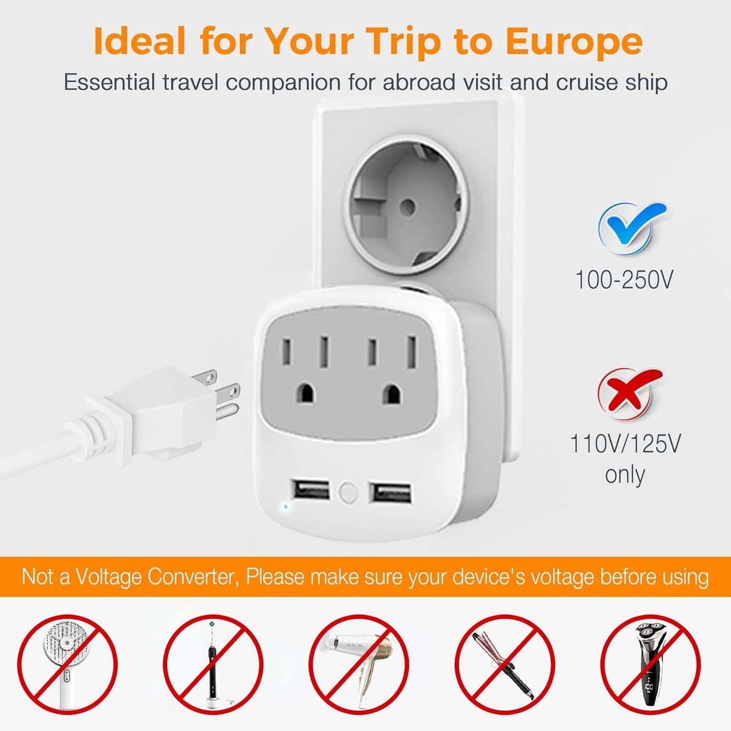 European Travel Plug Adapter Converter,  International Power Plug Converter with 2 USB, Type C Outlet Adaptor Charger for US to Most of Europe EU Iceland Spain Italy France Germany