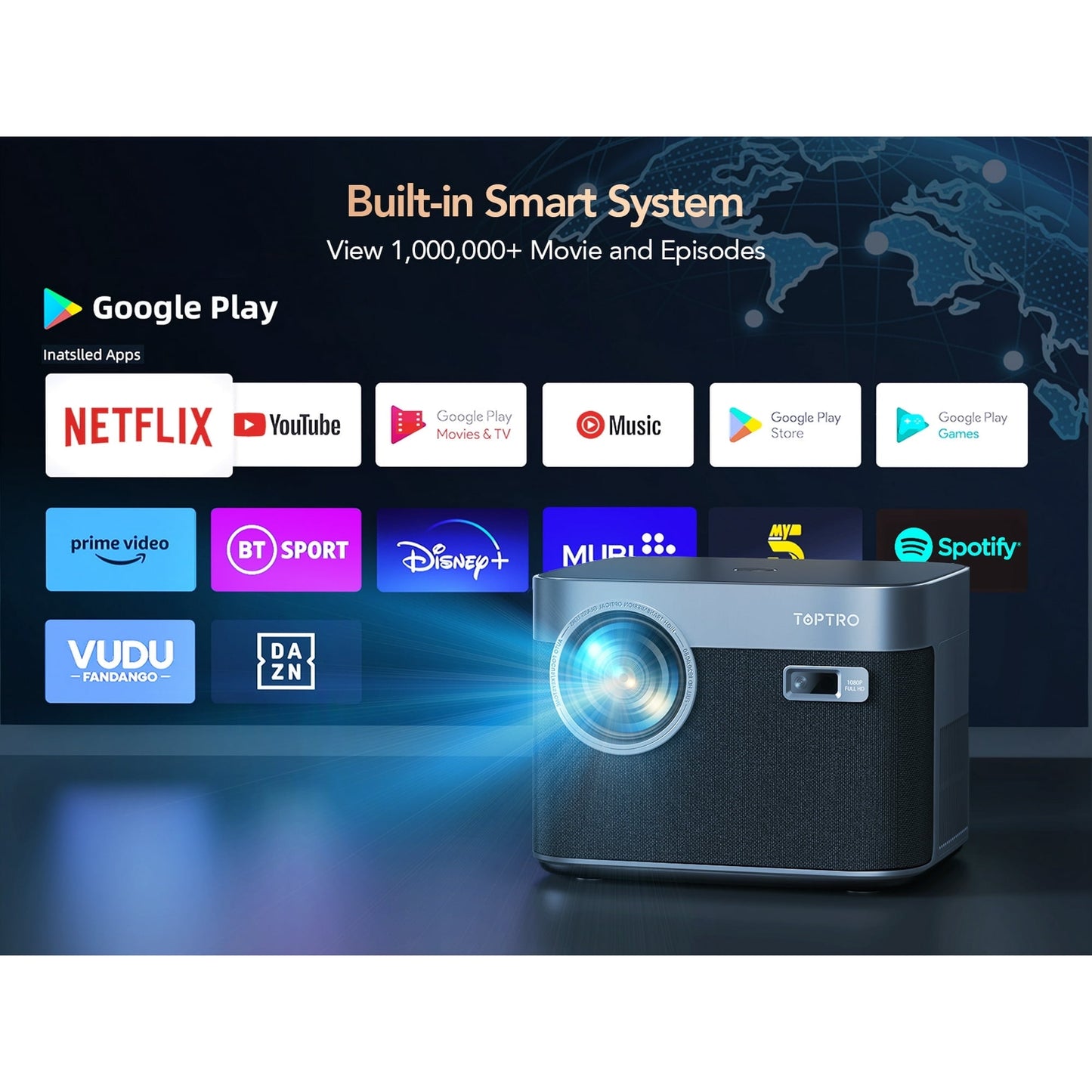 Smart Auto Focus 4K Projector,  Home Movie Projector with Android OS, Native 1080P 5G Wifi 6 Bluetooth Projector, with Netflix 8000+ Apps