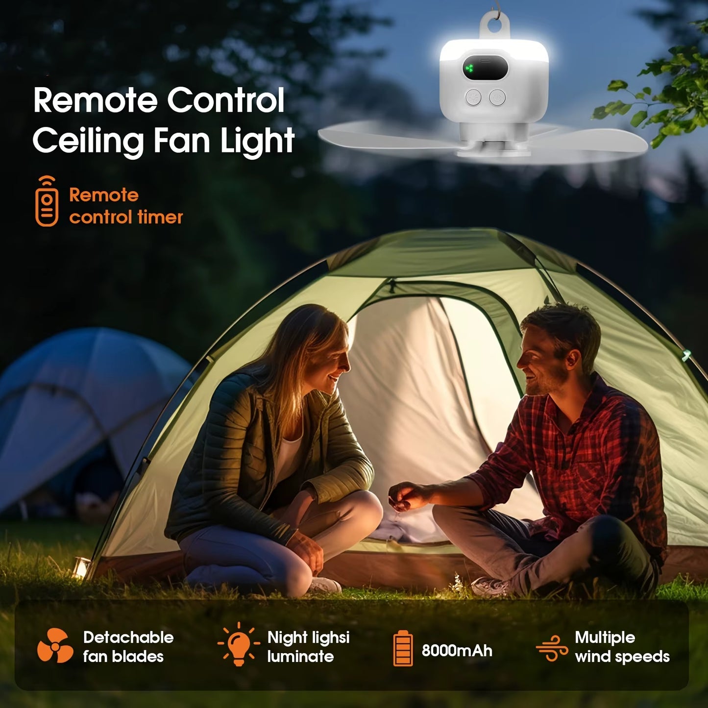 Portable Ceiling Fans 8000Mah Outdoor Camping Fan Tent Ventilator Cooler Rechargeable Electric Fan Remote Control LED Lighting