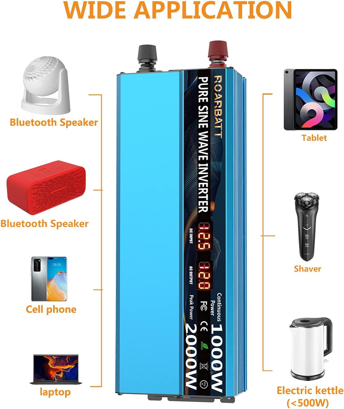 Power Inverters Pure Sine Wave 1000 Watt 12V DC to 110V/120V AC Converter 2 AC Outlets Car Inverter with 3.4A USB Port Cooling Fans and LCD Display