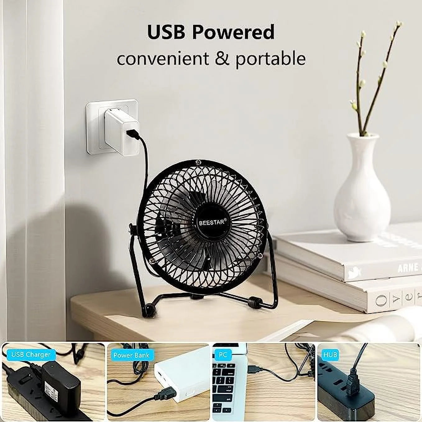 4 Inch Personal Metal USB Powered Desktop Fan Black