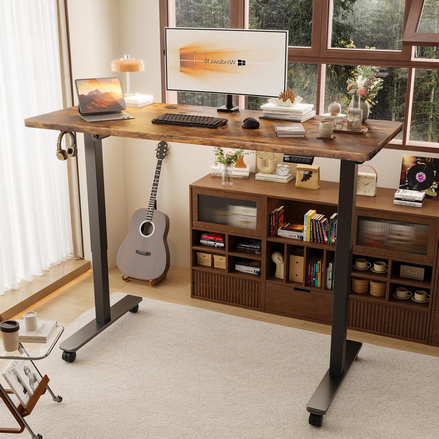55" Electric Standing Desk,Height Adjustable Home Office Sit Stand up Computer PC Table,Tall Standup Workstation, Gaming Writing Study Bedroom Rising Desks,Brown