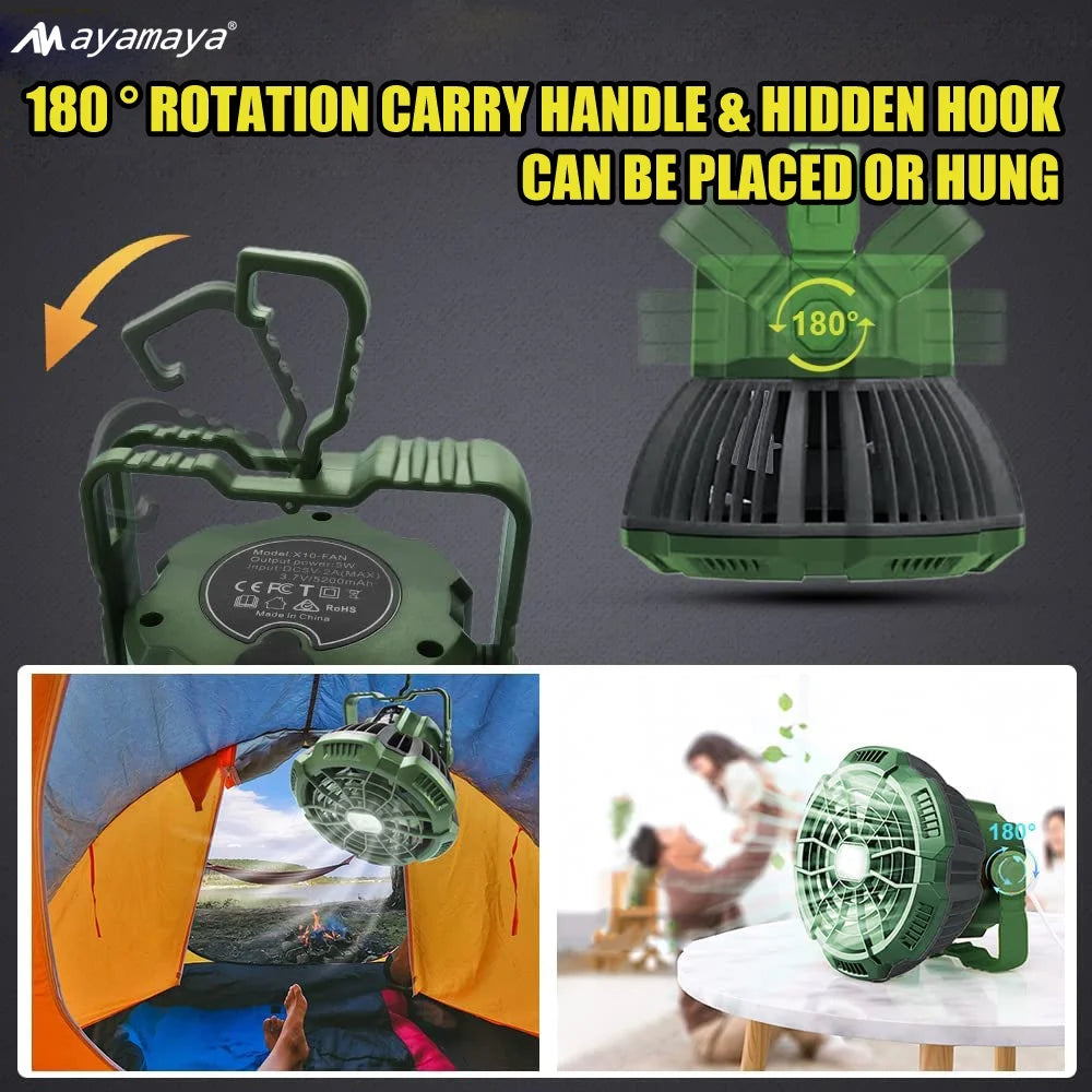 Rechargeable Camping Fan with LED Light & Remote Control,  7800Mah Portable USB Lantern Tent Fan for Car Ceiling Green.