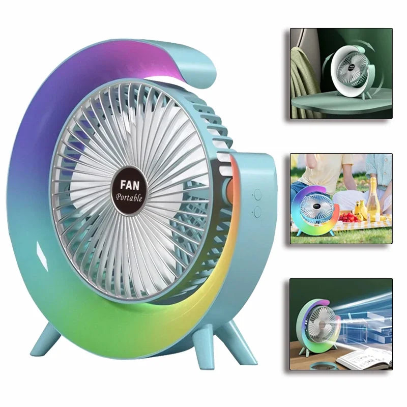 Portable Fan USB Rechargeable Fan LED 7 Colors Electric Fan 180°Adjustable Summer Camping Fans 3 Speeds Mini Fan for Xiaomi Fan